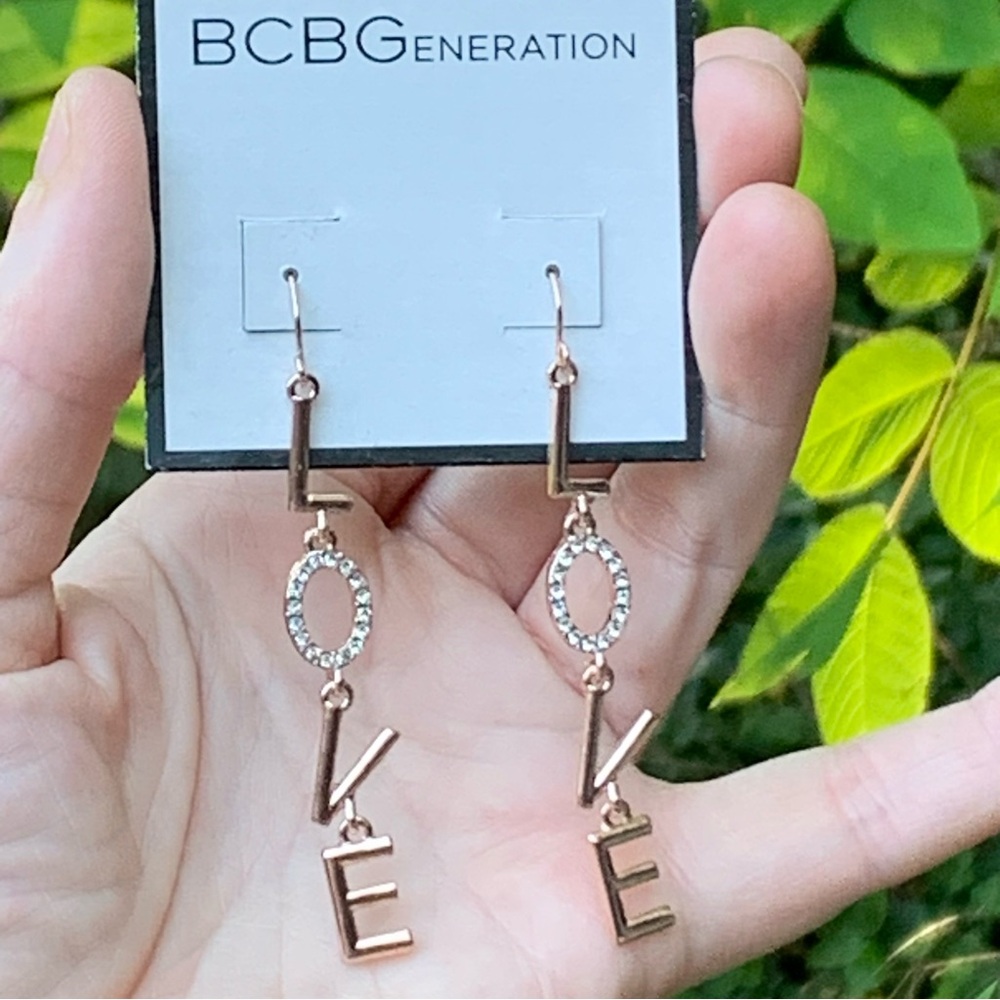 BCBGeneration ROSE GOLD “LOVE” EARRINGS! Long Drop Hook Sparkly Pavé Crystals